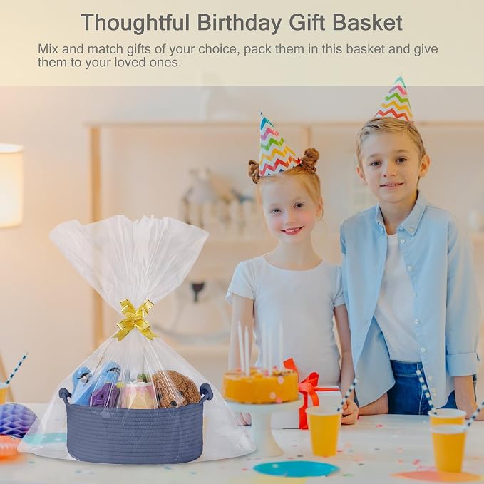 Small Empty Gift Basket with Bag & Ribbons, Folkstone Gray | 12“x8”x5”, Cotton Rope Woven Basket for Birthdays, Baby Showers, Mother's Day, Christmas; Stores Small Items, Kids & Pet Toys