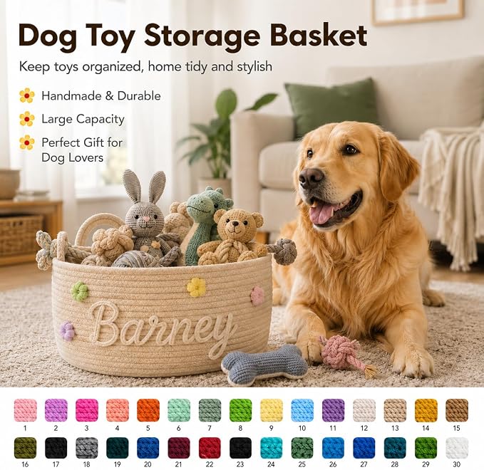 Personalized Dog Toy Basket with Name, Custom Puppy & Kitten Toy Storage Bins, Personalized Cute Handmade Cotton Rope Organizer for Snacks, Pet Supplies, Birthday Gifts Basket for Pets (A1)