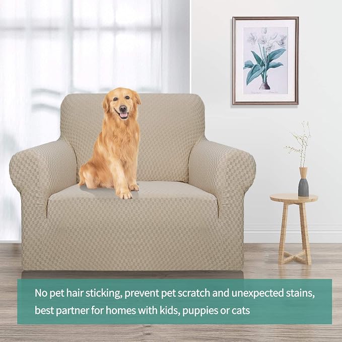 YEMYHOM Couch Cover Latest Jacquard Design High Stretch Sofa Chair Covers for Living Room, Pet Dog Cat Proof Armchair Slipcover Non Slip Magic Elastic Furniture Protector, Small (Chair, Khaki)