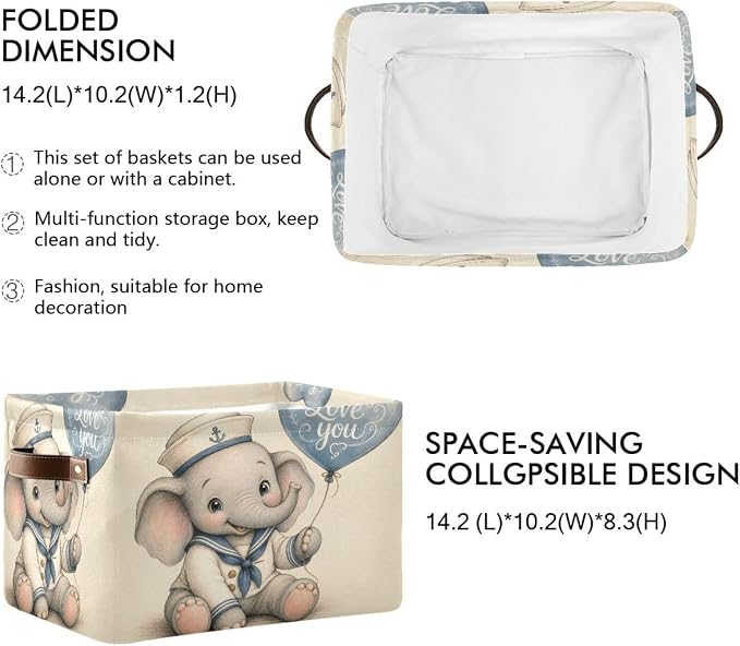Emelivor Elephant Costume Storage Basket Bins Box for Home Adult 2pcs | Foldable Laundry Hamper,Decorative Organizer,Sturdy Boxes Container with Handles for Clothes Books Pet Living Room Shelf