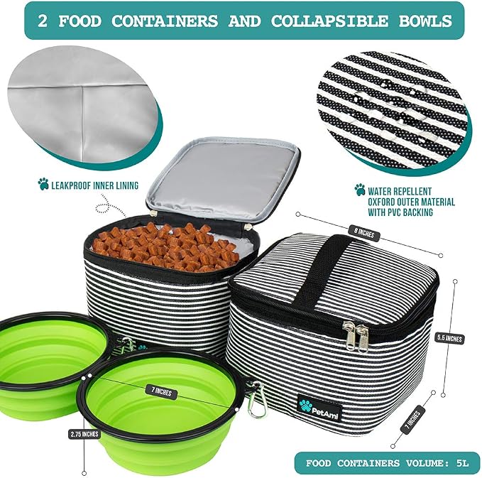 PetAmi Dog Travel Bag Organizer, Pet Supplies Tote, Stripe Black Large | Pet Travel Kit with 2 Food Containers & 2 Collapsible Dog Bowls, Luggage Sleeve, Weekend Getaway Road Trip Camping Essentials