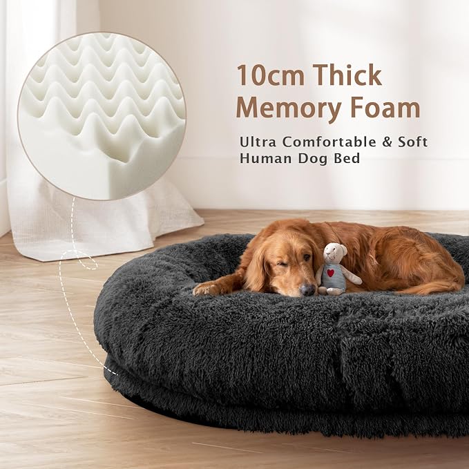 ROOMTEC Human Dog Bed, 78''x51''x12'' Size Fits Adult and Pet Washable Giant People Bed 10 CM Thick Memory Foam Large Oversize Pet Bed with Plump Pillow, Blanket, Strap - Black