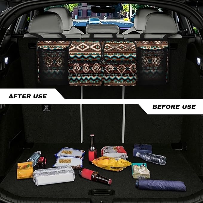 Dreaweet Native American Car Trunk Organizer,Aztec Tribal Geometric Backseat Hanging Large Storage with 4 Pockets Waterproof Collapsible Backseat Hanging Organizer,Cargo Storage Bag for SUV,Truck