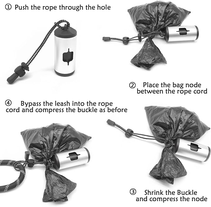 YUCHIYA Aluminum Dog Poop Bags Holder with Carabiner Metal Pet Waste Bags Dispenser with Hook and Loop Fastener and Elastic Cord to Carry Used Bags (Silver, 1 Holder 15 Bags)
