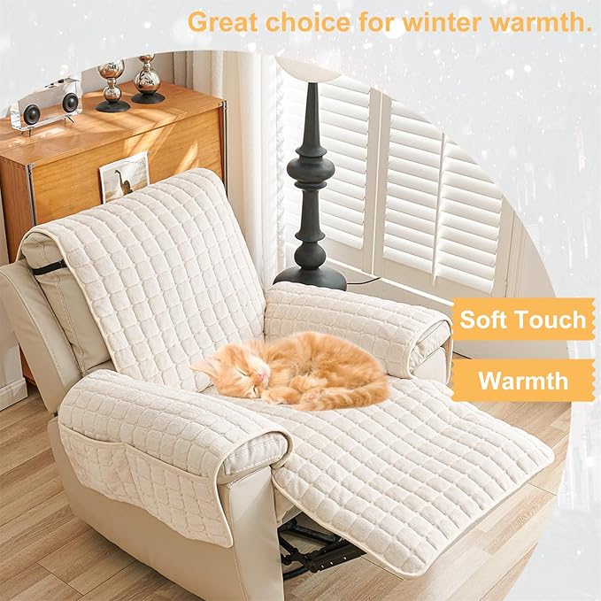 Polyester Flannel Recliner Cover, Non-Slip with 2 Side Pockets | Soft short-pile polyester with silicone backing guards armrests from pet scratches; thick one-piece cover, machine washable.