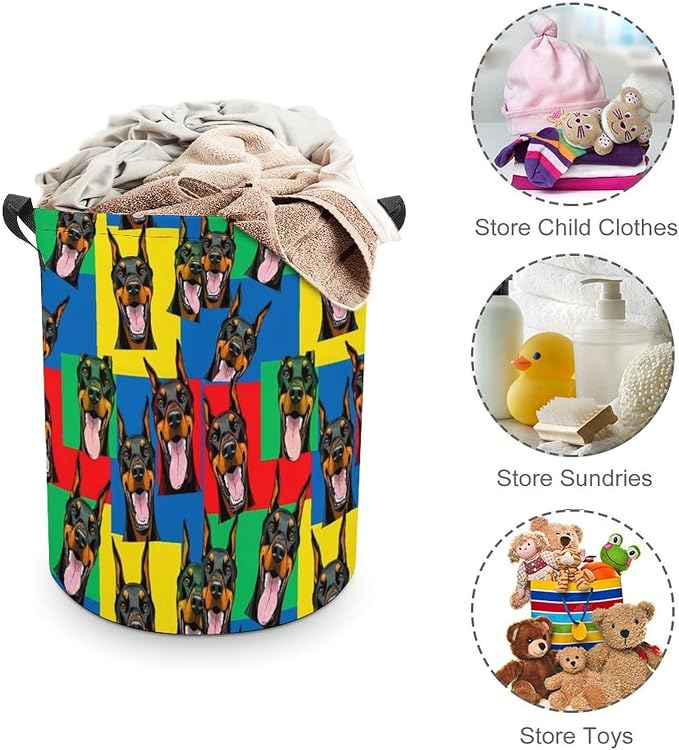 Portable Laundry Hamper with Handles Doberman Pinscher Dogs, Foldable Waterproof Clothes Basket for Bedroom, Nursery, and Bathroom Storage
