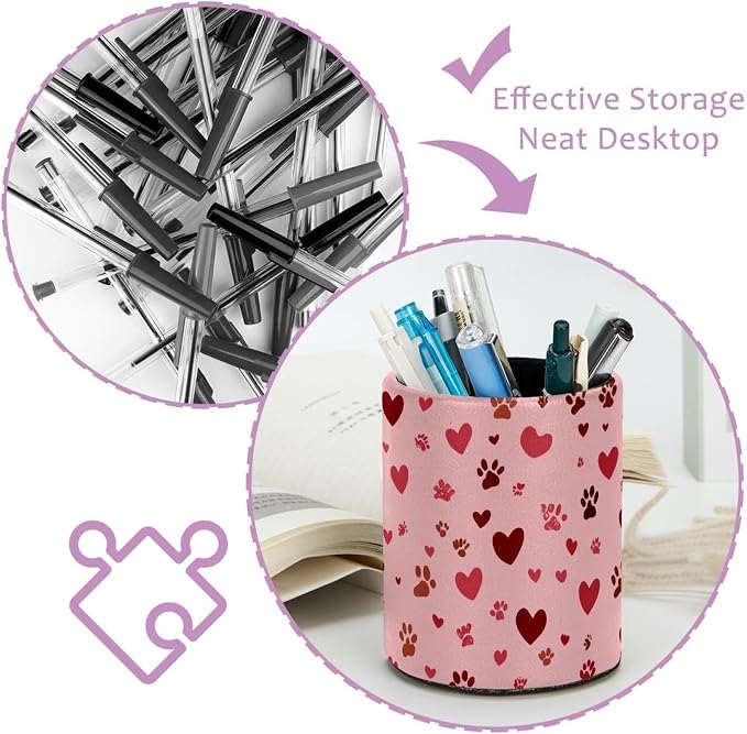 Faux Leather Pen Holder for Desk, Pencil Organizer Pet Paws Pen Cup Desk Decor Makeup Brush Holder Storage for Office Home