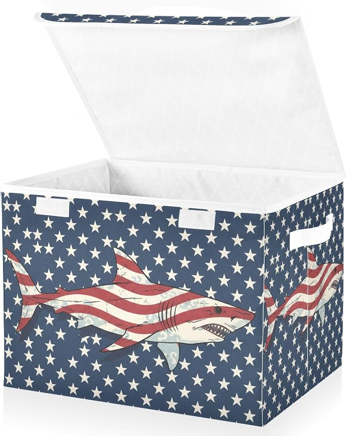 Fabric Storage Bins with Lid Patriotic Flag Shark Closet Storage Basket 40L | Decorative Storage Boxes, Foldable & Stackable, Dust-Proof Flip Top, Reinforced Handles, For Home & Dorm, Clothes & Toy Box