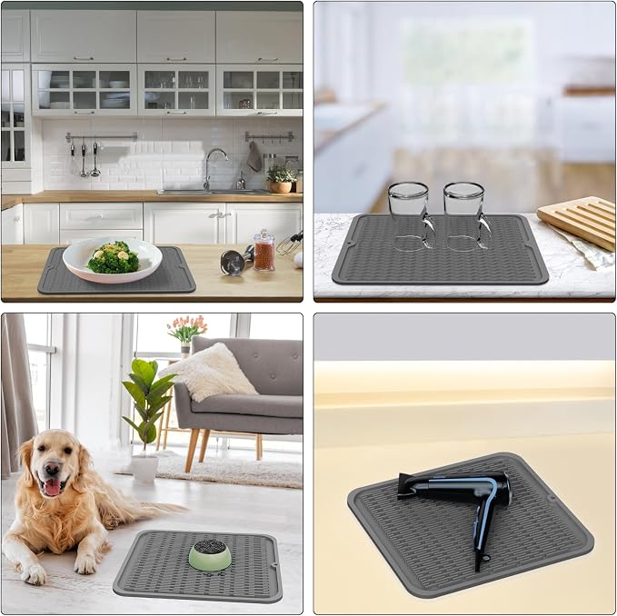 ZLR Silicone Dish Drying Mat for Kitchen Counter, Eco-Friendly Fast Dry Dish Mat, Easy Clean Multi Usage Drying Matt, Heat Resistant Trivet, 12" x 16" Large, Dark Gray