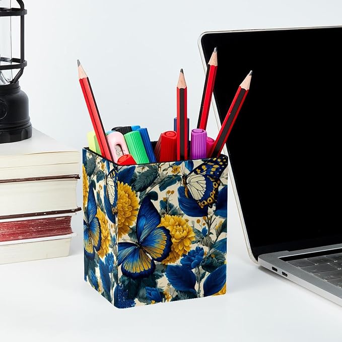 Butterfly Pen Holder for Desk Decor, Rectangular PVC Leather Pencil Cup for Desk Pen Organizer, Makeup Brush Holder for School, Home, Office