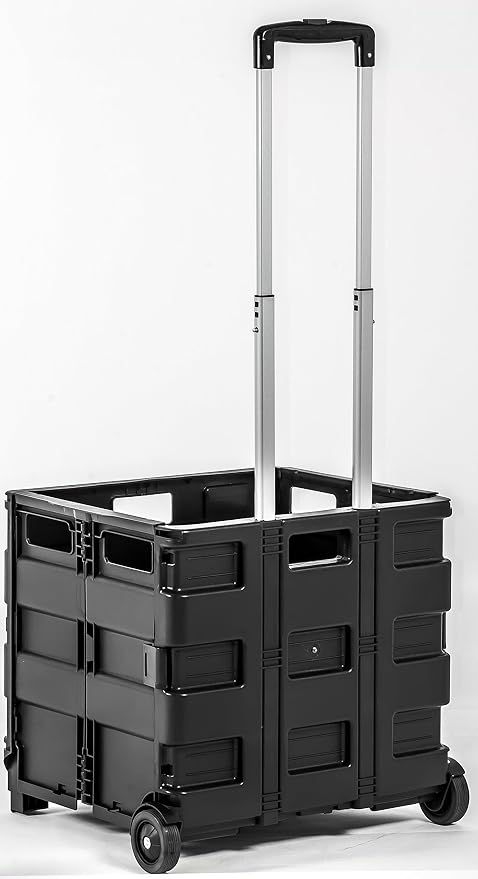 dbest Products Quik Cart Without Lid Collapsible Rolling Crate - Black | with Wheels, Roll Up to 80 lbs Capacity, Heavy Duty Plastic Construction, Telescoping Handle, Portable Handcart