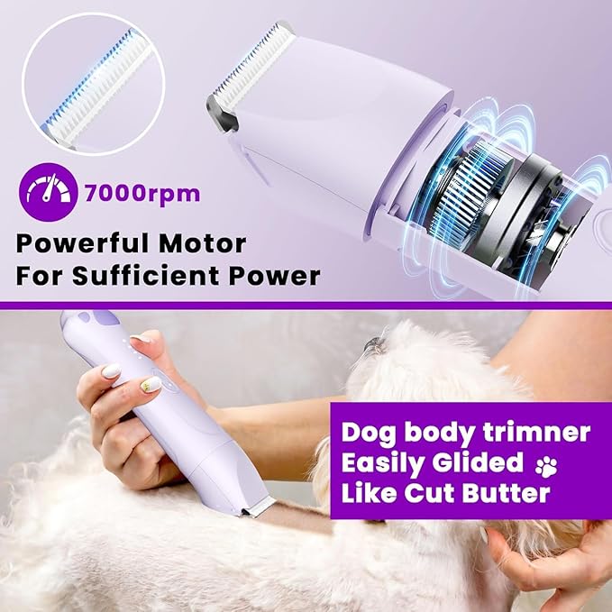 Veeconn Dog Clippers for Grooming - 4-in-1 Dog Clippers Grooming Kit with Low Noise & IPX7 Waterproof Design Includes Comb Paw Trimmer Nail Grinder - Rechargeable & Cordless Dog paw Trimmer (Purple)