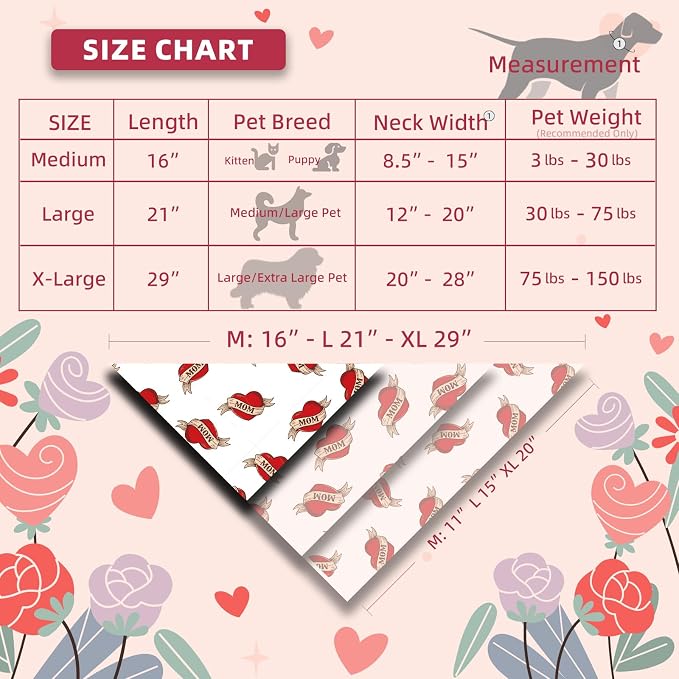 Valentines Day Dog Bandanas - Vintage Mom Heart Print, Holiday Costume Pet Scarf, Adjustable Snap Button for Small & Medium Breeds (5-30lbs)