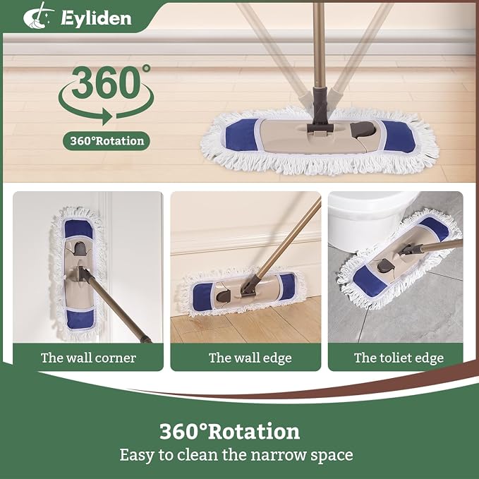 Eyliden Dust Mop, 2 Microfiber Pads, Home Commercial Cleaning, Quick Swap | 52.6" Adjustable Handle, 360° Swivel, Washable, Wet Dry Mops for Kitchen Hardwood Vinyl Tile Floor Cleaning, Push Dust Broom