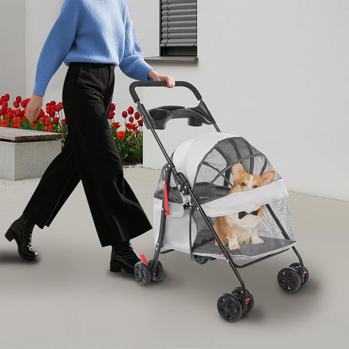 Foldable Pet Stroller for Small Medium Dogs Cats, 40lb Capacity, Breathable | Mesh, Large Basket, Cup Holder, Oxford Cloth, Lightweight Portable Cart, Easy Storage, Gray