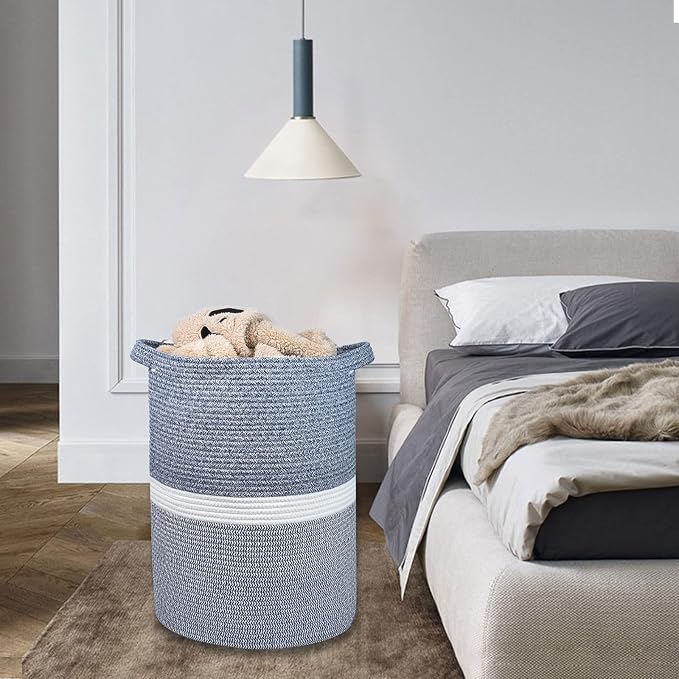 Cotton Rope Blanket Basket, 72L Laundry Hamper, Navy Blue &White