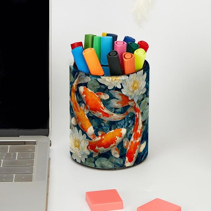 Faux Leather Pen Holder for Desk, Pencil Organizer Lucky Fish Pen Cup Desk Decor Makeup Brush Holder Storage for Office Home