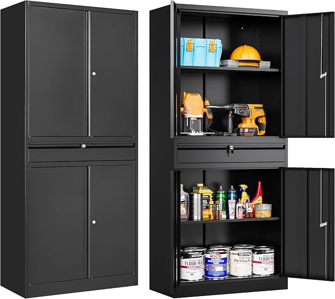 Metal Garage Storage Cabinet with Drawer and Lock,Black Metal Storage Cabinet with Locking Doors and Adjustable Shelves,71" Tall Large Steel Tool Cabinets for Home,Office,Garage,Shop
