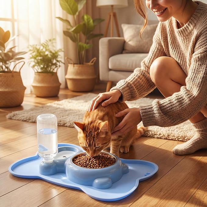 Blue Cat Food and Water Bowl and Non-Slip Silicone Mat Set Stainless Steel Food Bowl with 18.6oz Large Capacity Water Dispenser for Cats and Small Dogs