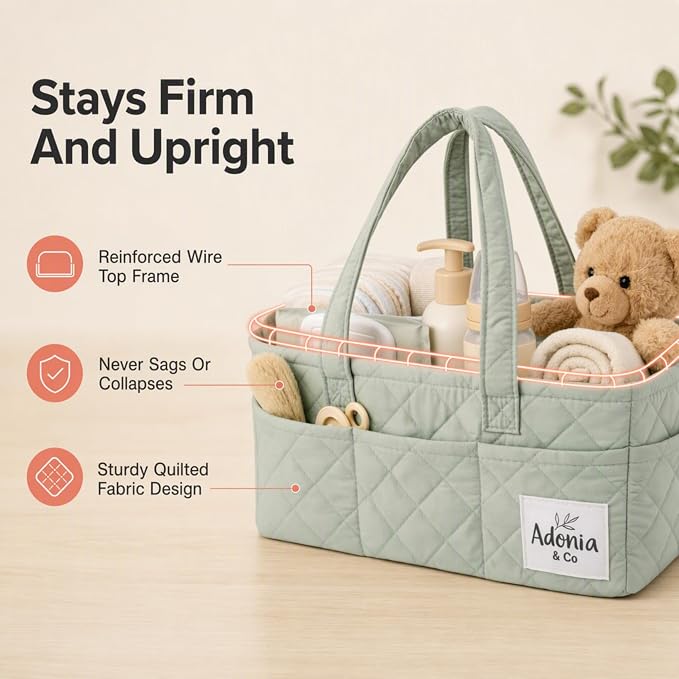 Adonia & Co Diaper Caddy Organizer – Baby Essentials Organizer, Large Nursery Storage Basket with Removable Divider, 8 Exterior Pockets, Portable, Machine Washable, Structured Design, Sage Green