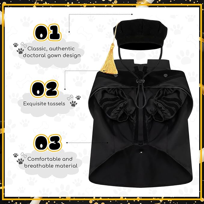 Huhumy 3 Pcs Dog Cat Graduation Doctoral Costume Set, 2026 Pet Phd Graduation Cap and Deluxe Doctoral Gown with Hood Side Tam Puppy Kitty Dogs Grad Holiday Party Costume Accessory(Black,L)