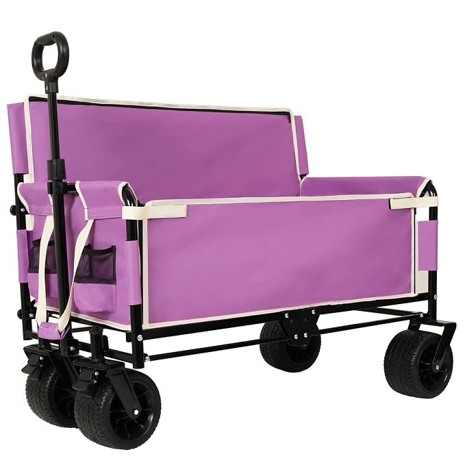 3-in-1 Pet Wagon Stroller with Bench Seat & Storage – Portable Travel Carrier for Dogs & Cats, 500Lbs Heavy-Duty Foldable Cart with All-Terrain Wheels for Camping, Park & Outdoor Use (Purple)