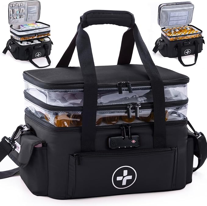 BAGSFY 3-Tier Medicine Organizer with Combination Lock – Large Medicine Bag, Empty First Aid Kit Case, Pill Bottle Medical Supply Organizer, Travel Prescription Bag, Medication Storage Container