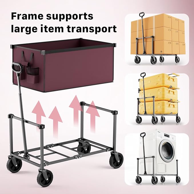 29.3" Collapsible Wagon Cart, 150L Heavy Duty Folding Utility Wagon with Wheels, 260 lbs Load, Portable Rolling Cart for Garden, Shopping, Sports, Camping, WineRed