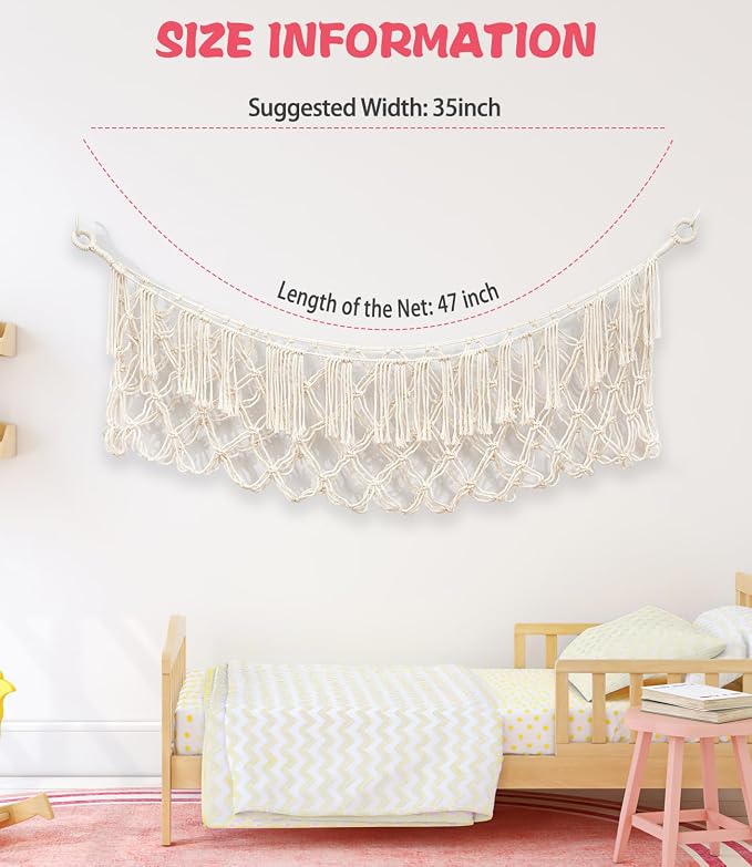 Stuffed Animal Net Hammock, Save Space Eliminate Clutter (white) | Premium Cotton Hand-knitted plush hammock, Boho Stuffed Animal Storage for Nursery, Bedroom Decor, playrooms