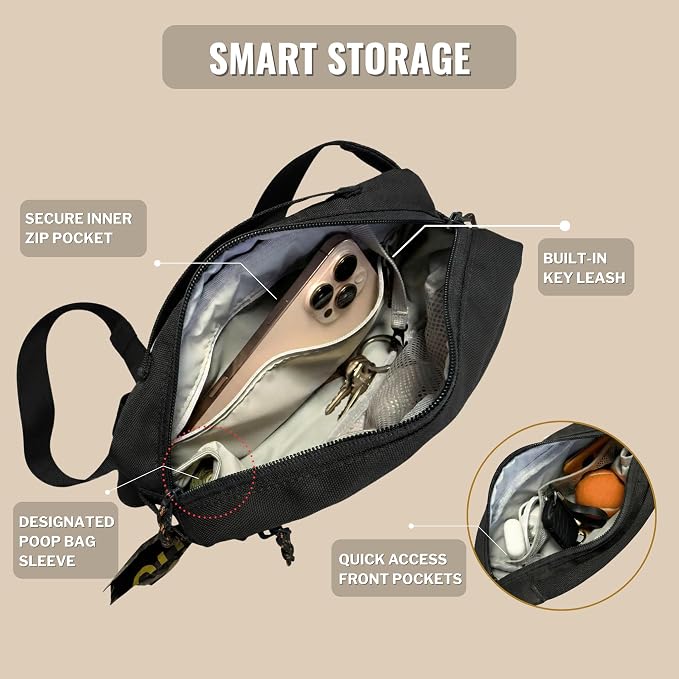 Crossbody Dog Walking Bag, Treat Pouch & Poop Bag Holder, Charcoal Black | Crossbody dog walking bag, hands-free. PEVA-lined treat pouch, poop bag holder, leash hook. Water-resistant, 4-50 in. strap