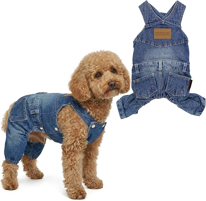 Parisian Pet Dog Overalls - Blue Denim Dog Clothes - Breathable Sling Puppy Jumpsuit - Durable and Trendy Overalls for Dogs - Comfortable Jeans Dog Clothes for Large Dogs - Classy Pet Apparel