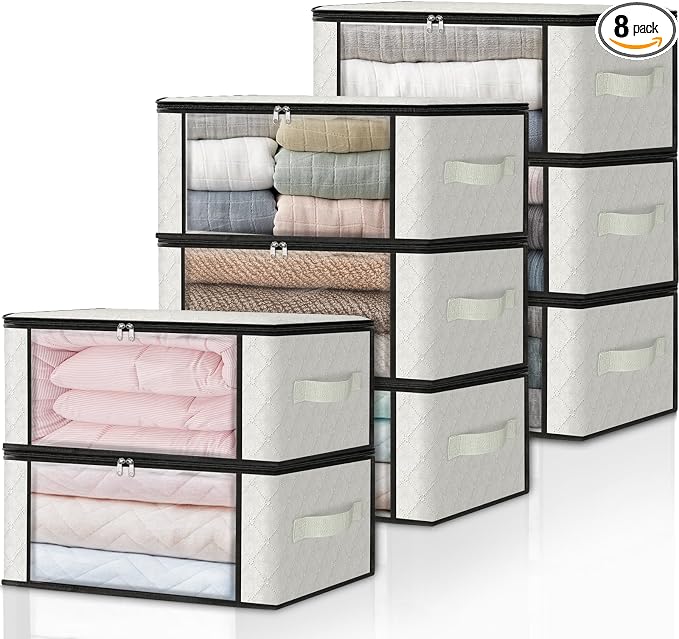 HomeHacks 8-Pack Clothes Organizer Storage Bags, 35L Storage Bins, White | Foldable Storage Box Container with Zippers, Clear Window, Reinforced Handles for Closet, Dorm, Pillows, Bedding, Sweater