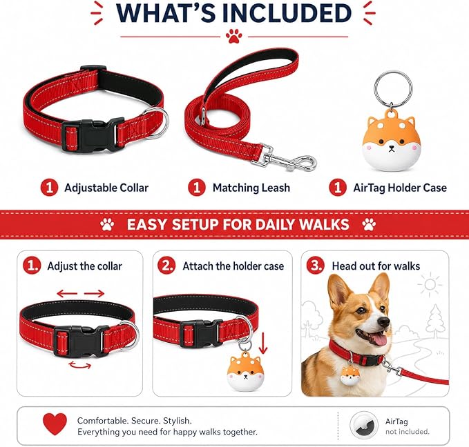 Reflective Soft Neoprene Padded Matching Dog Collar with Leash Airtag Holder Case Set Safety Breathable Adjustable Nylon Dog Collars for X-Small Small Medium Large Dogs-Red-L