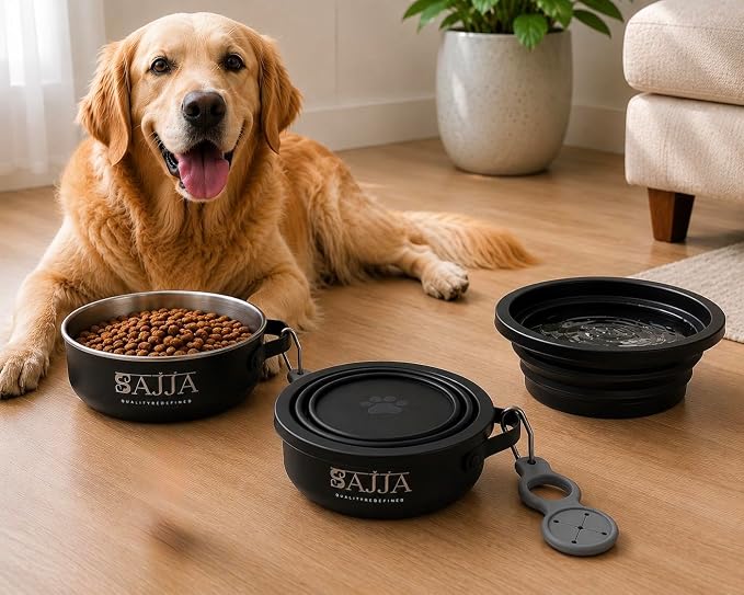 Black Collapsible Travel Dog & Cat Bowl – BPA-Free Silicone & 18/8 Stainless Steel, Portable Non-Slip Food & Water Bowl with Handle, Bottle/Poop Bag Holder – Claim Your