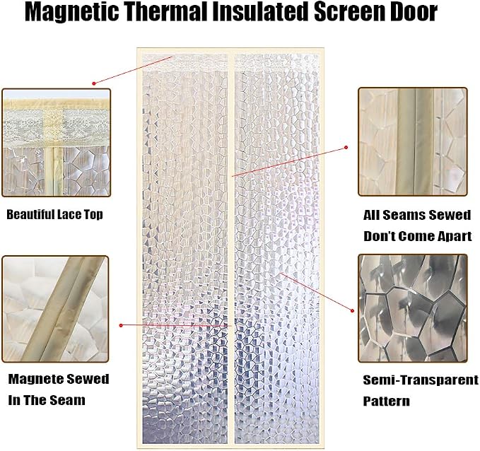 Magnetic Thermal Insulated Door Curtain for Air Conditioner Room/Kitchen Magnetic Screen Door with Hook & Loop Energy Loss Reduce Noise 31" x 76" Inch Clear White