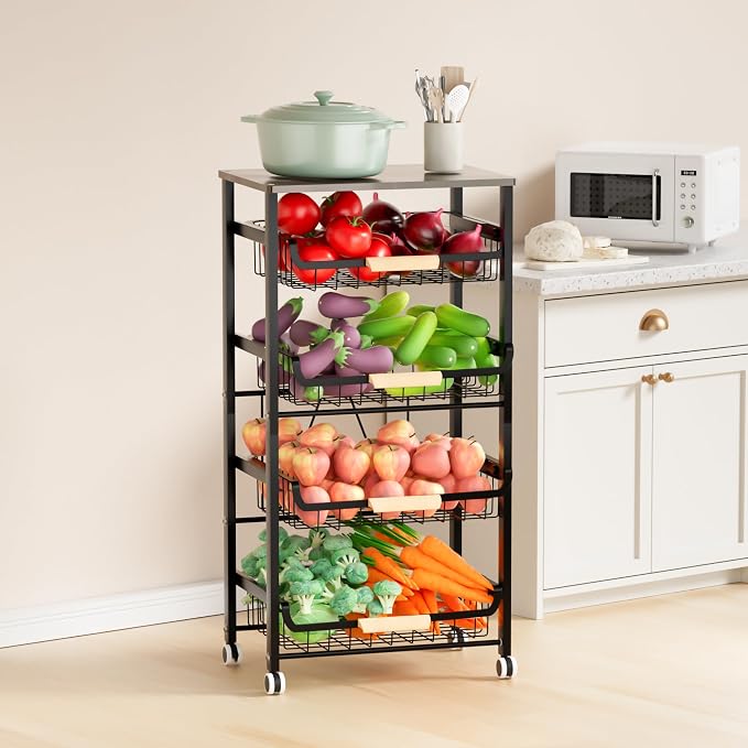 Fruit Vegetable Basket for Kitchen,5 Tier Pantry Organizers and Storage,Snack Organizer for Countertop,Pantry Cart,Metal Wire Storage Shelf Organizer Baskets for Kitchen, Pantry, Bathroom