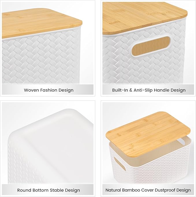 Ohmlove 4 Pack Storage Bins with Bamboo Lids,Stackable Box for Organization | Plastic Storage Containers with Handle, Storages Baskets for Organizing Desktop Closet Playroom Classroom Office, White