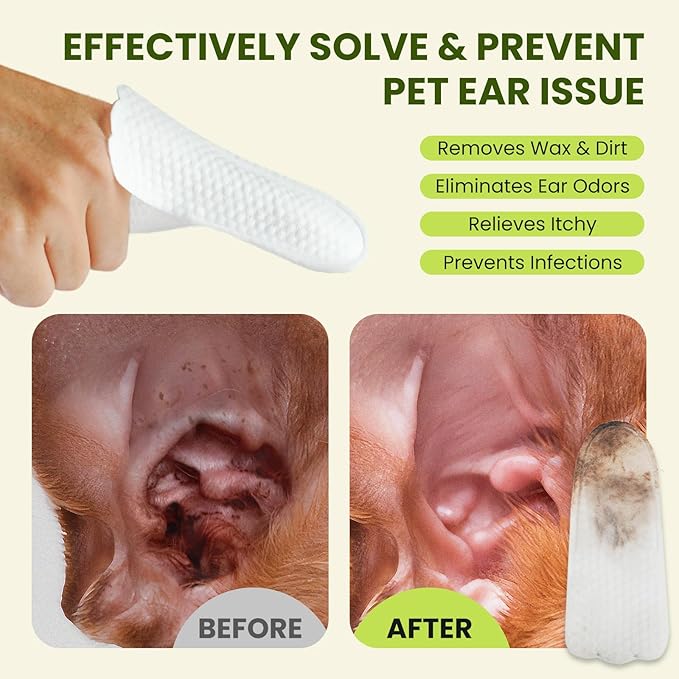 PawSono Ear Finger Wipes for Dogs & Cats, Thicker Dog Ear Cleaner Wipes, Natural Relief Cat Ear Cleaner Dog, Pet Health Supplies for Dog Kitten Small Animal, Aloe Scent Deodorizing - 100 Count
