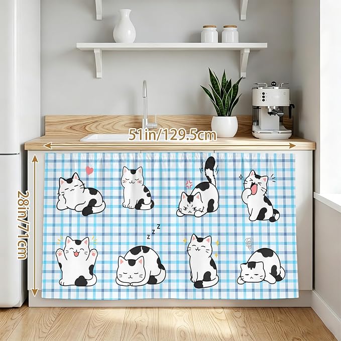 Cute Cat Cabinet Curtain 28"Wx51"L,Dustproof Storage Cabinet Curtain with Self Adhesive Tape,Modern Playful Pet Cats Blue Purple Plaid Tall Pantry Cover Drape for Kitchen,Laundry Room,Utility Closet
