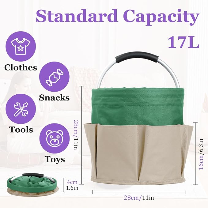 17L Foldable Cleaning Supplies Caddy with Handle, Khaki with Green | IHOMAGIC 6-Pocket Tool Bag, 600D Oxford Cleaning Tote Bucket, Portable Storage Basket Organizer for Car Detailing, Gardening
