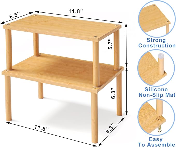 VERTORGAN 2 Pack Cabinet Organizer Shelf,Bamboo Countertop(Medium,Natural) | Kitchen Counter Shelves,Spice Rack Countertop and Cabinet,Cabinet Storage,Counter Organizer,Stackable Shelves