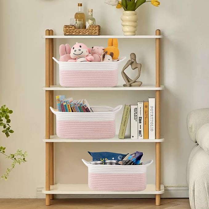 OIAHOMY Woven Basket, Gift Basket Empty with Gift Bags and Ribbons, Rope Baskets for Baby Showers, Storage Baskets with Handles for Nursery, Pet Toy Organizer - Pink & White