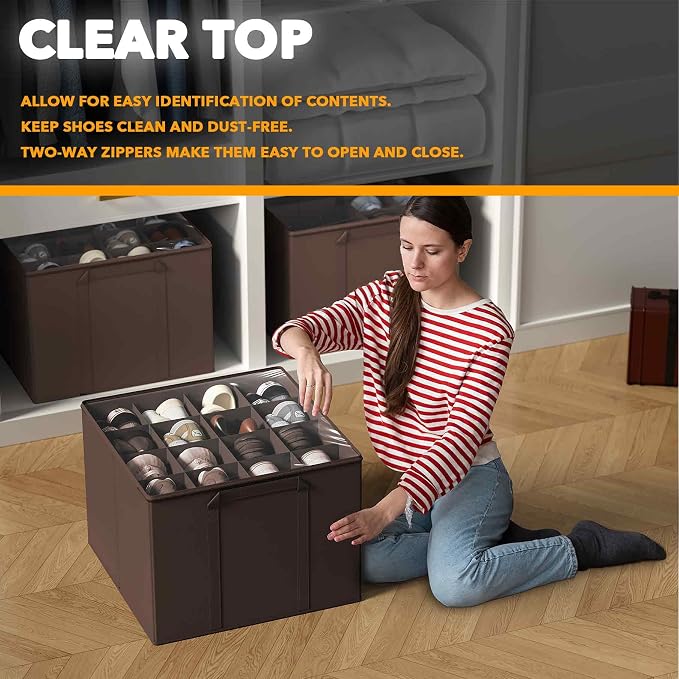 SpaceAid Shoe Organizer for Closet, 2 Pack Foldable Shoe Storage Containers Baskets Boxes Bins w/Adjustable Dividers, Fits 16-32 Pairs, Brown