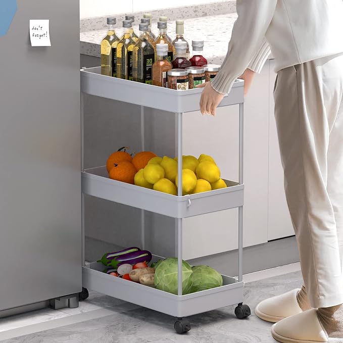 3 Tier Rolling Cart with Wheels, Storage Craft Art Trolley Organizer Serving, 3 Hanging Baskets Easy Assembly, for Office, Living Room, Kitchen, Gray
