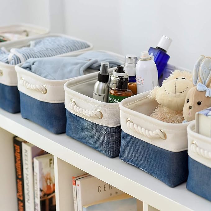 Storage Basket for Organizing - Small 12x8x5.2 inch 6 Pack Collapsible Storage Bin for Shelves, Canves Storage Cubes for Organizer Cloth Box Gift Toys Closet (White & Jean Blue)