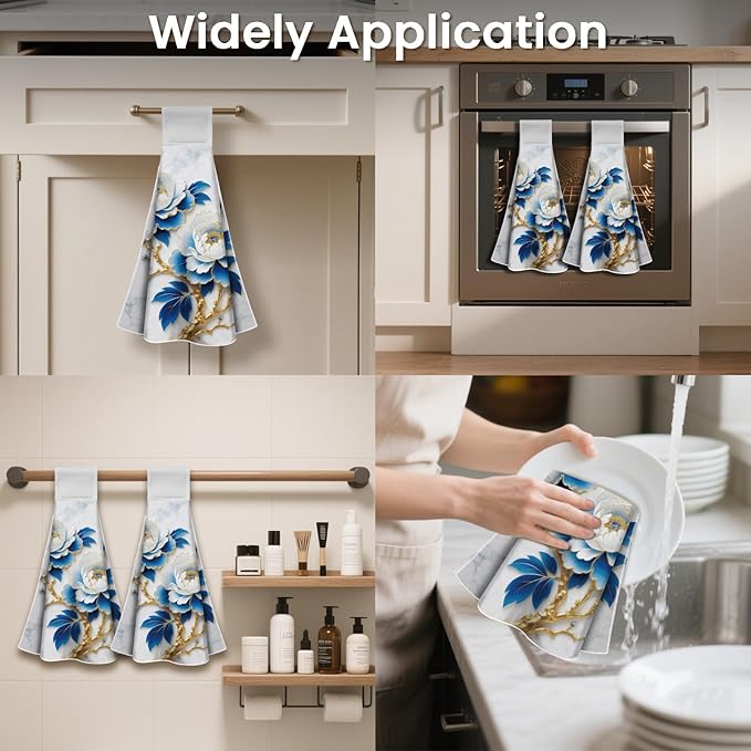 CUTHOLLOW Blue Gold-Edged Peony Hanging Kitchen Towels with Loop, Set of 2 - Soft & Super Absorbent Microfiber Decorative Hanging Dish & Hand Towel, Tea, Coffee Towel for Kitchen Bathroom Oven Handle