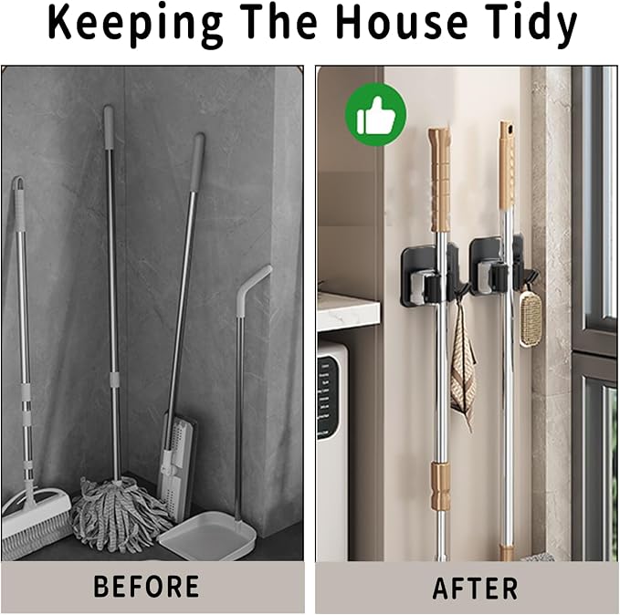 Broom Holder Wall Mount,Mop and Broom Holder Wall Mount Command | 3pcs Garden Tool Organizer,304 Stainless (Black)