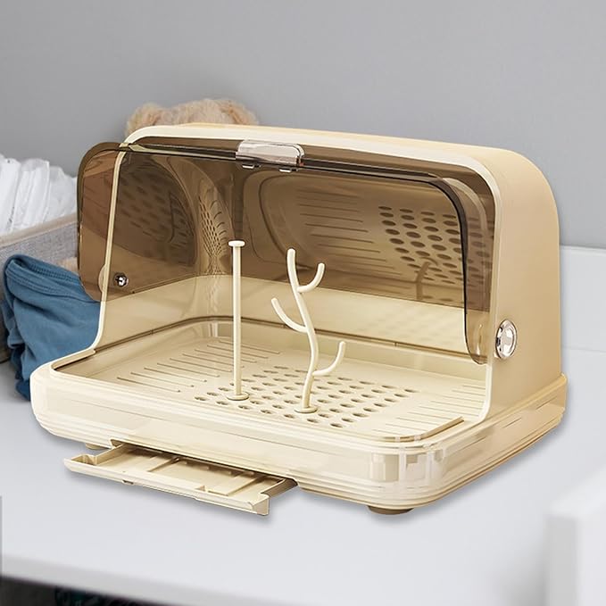 kowaku Rack Rack with Cover Organizer Storage Box Dish Drainer Portable Cabinet Organizer View Easy to Clean for Food, Light Khaki Medium