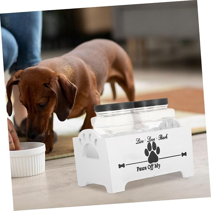 Wooden Dog Food Storage Box with 2 Canisters, Airtight Pet Treat Jar Holder and Snack Organizer, White Solid Wood Crate for Home Countertop Use