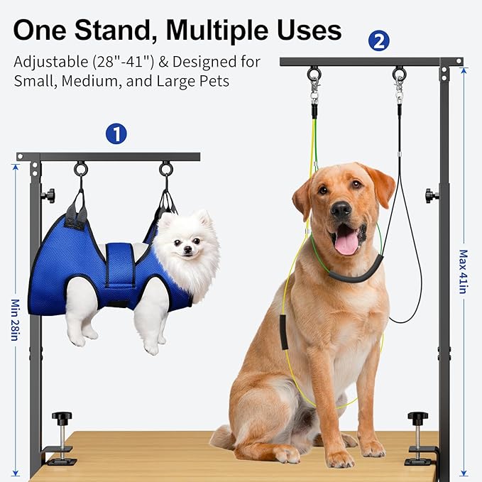 Foldable Dog Grooming Table Arm – Adjustable 28"-41" Clamp Arm with Hammock, No-Sit Holder for Small Dogs – Grooming Table for Dogs at Home or Salon